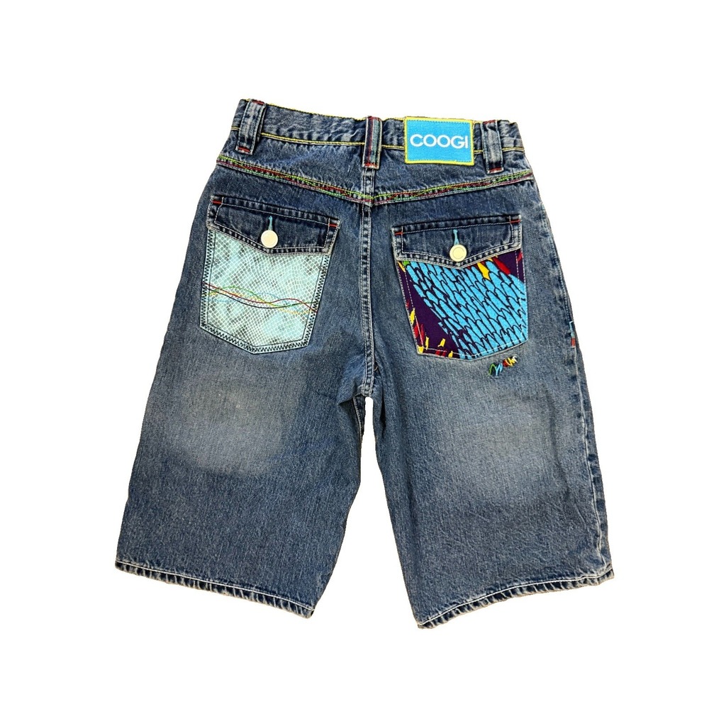Coogi Vintage 90s Jorts Size 27" Waist Rainbow Feather Embroidered Design Denim